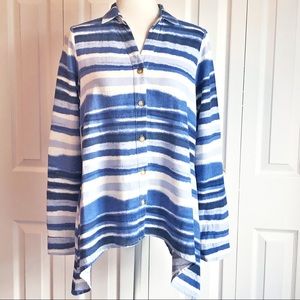 For Cynthia Coastal Beachy Blue Stripe Linen Oversized A-Line Shirt Small